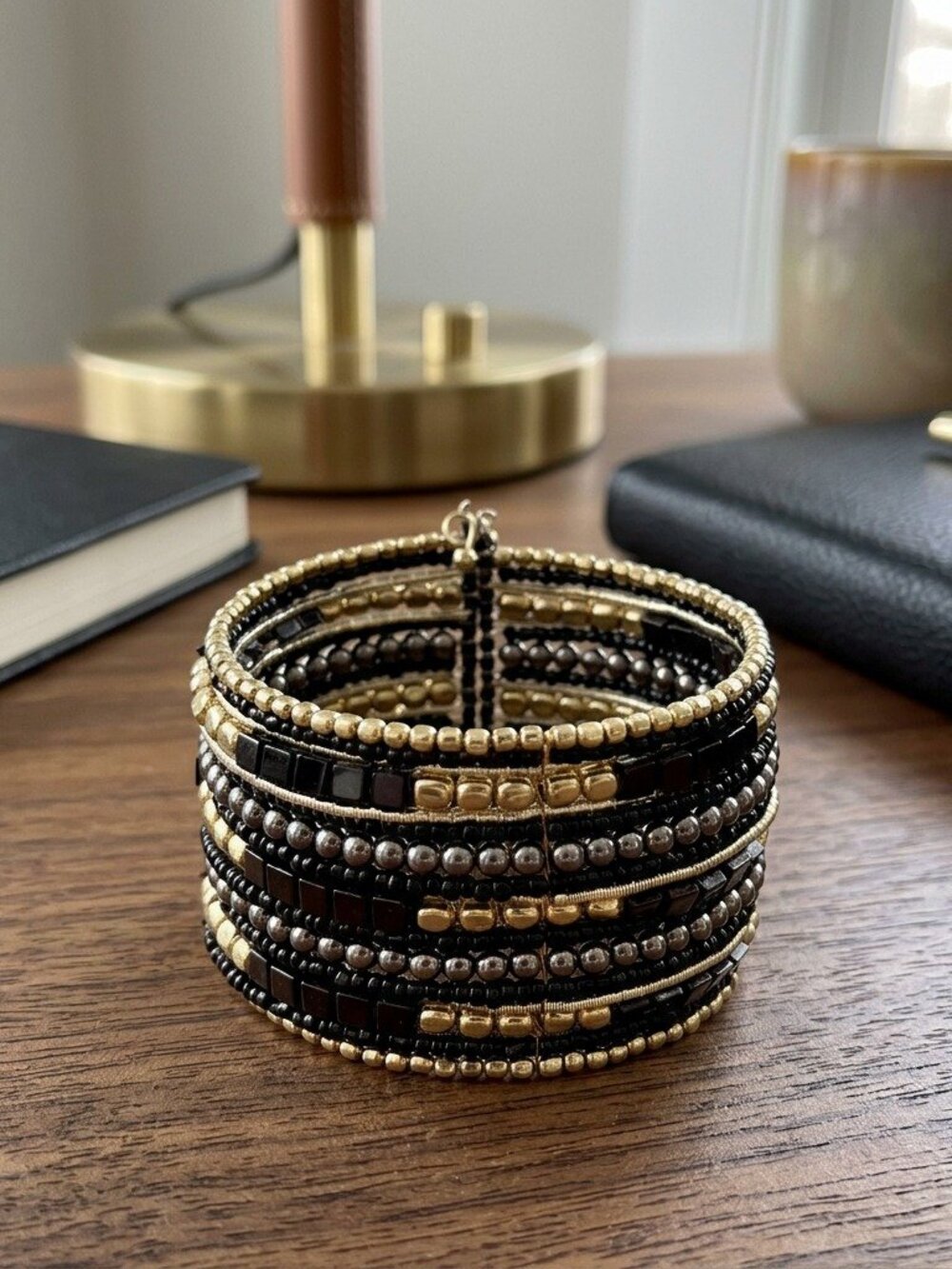 Beaded Cuff Bracelet Black Gold Boho Stackable Wide Wrap Statement Women Gift